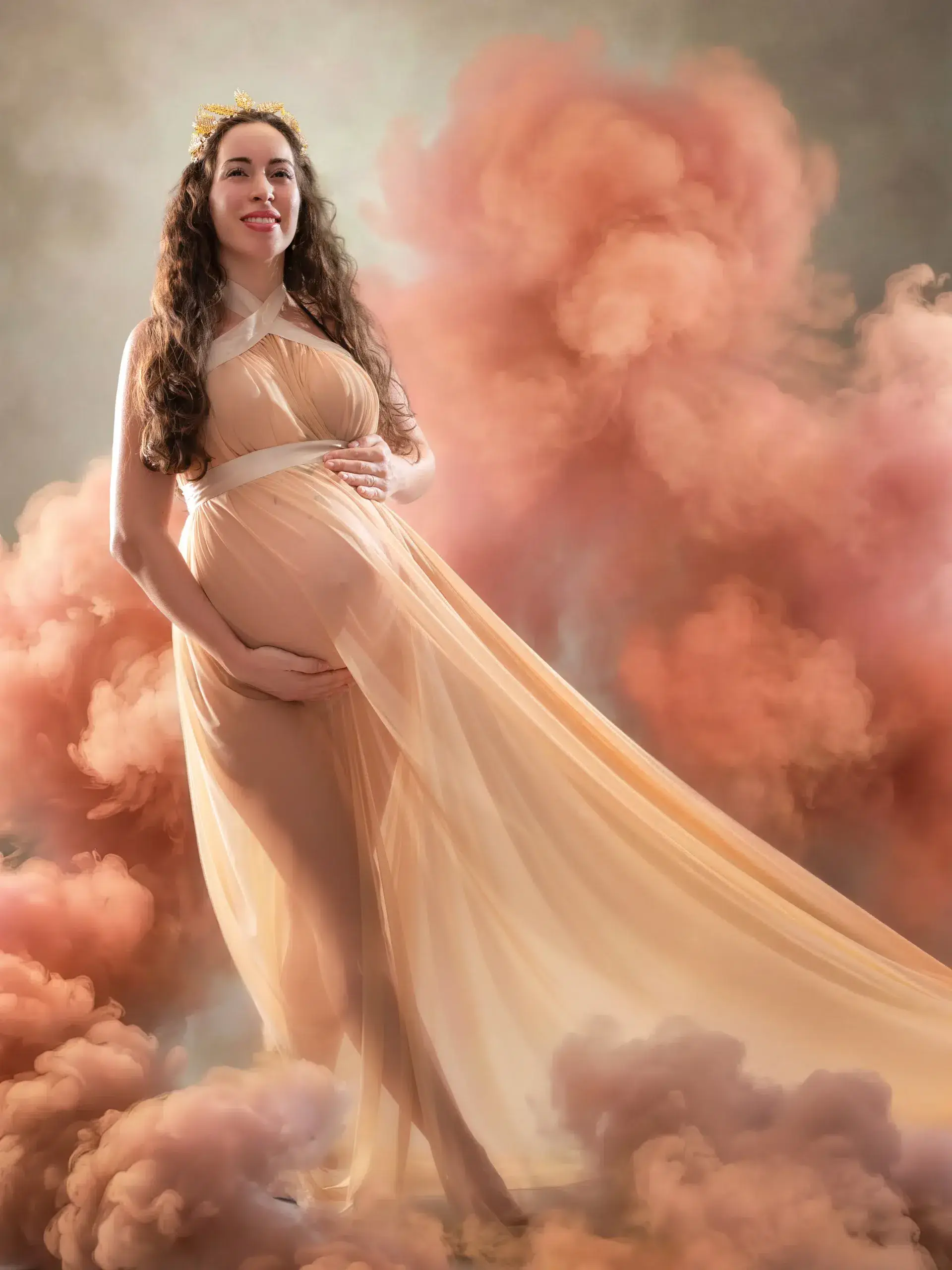Mujer embarazada con vestido beige y corona, rodeada de humo rosa.